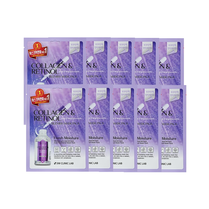3W CLINIC Sheet Mask Pack ( PDRN, Whitening, CICA & Hyaluronic, EGF 100 Exosome, Collagen & Retinol) (16 Options)