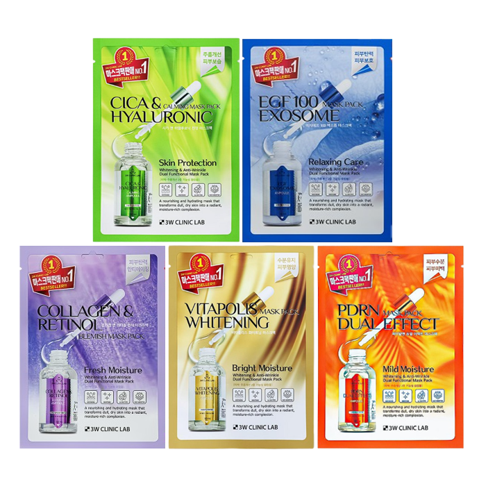 3W CLINIC Sheet Mask Pack ( PDRN, Whitening, CICA & Hyaluronic, EGF 100 Exosome, Collagen & Retinol) (16 Options)
