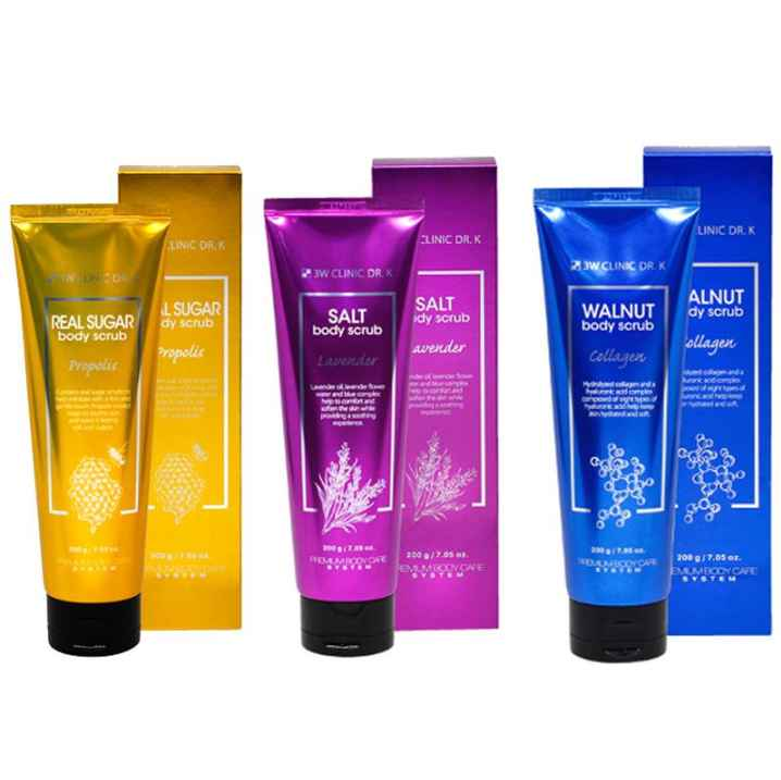 3W CLINIC - 3 Types of Dr.K Body Scrub: Real Sugar Propolis/ Salt Lavender/ Walnut Collagen 200g  - Ieumhub