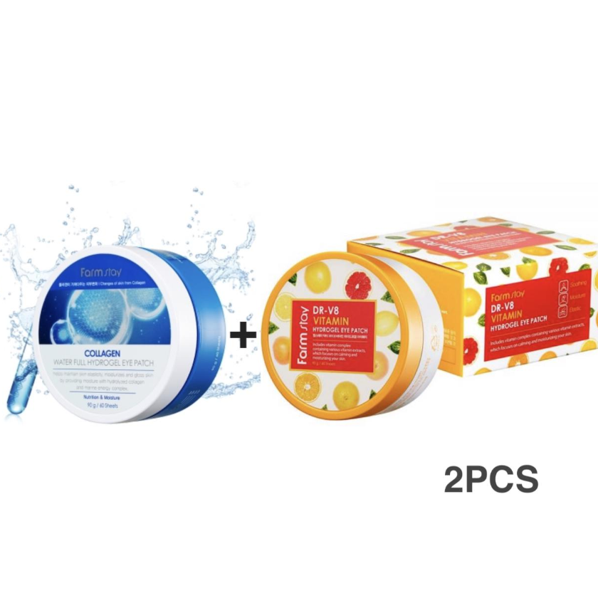 FARM STAY Collagen Water Full Hydrogel Eye Patch 90g + Dr. V8 Vitamin Hydrogel Eye Patch 90g (2 Options)