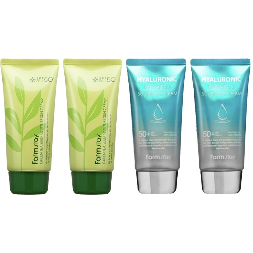 FARM STAY Green Tea Seed Moisture Sun Cream 70g & Hyaluronic UV Shield Sun Block Cream SET (2 Options)