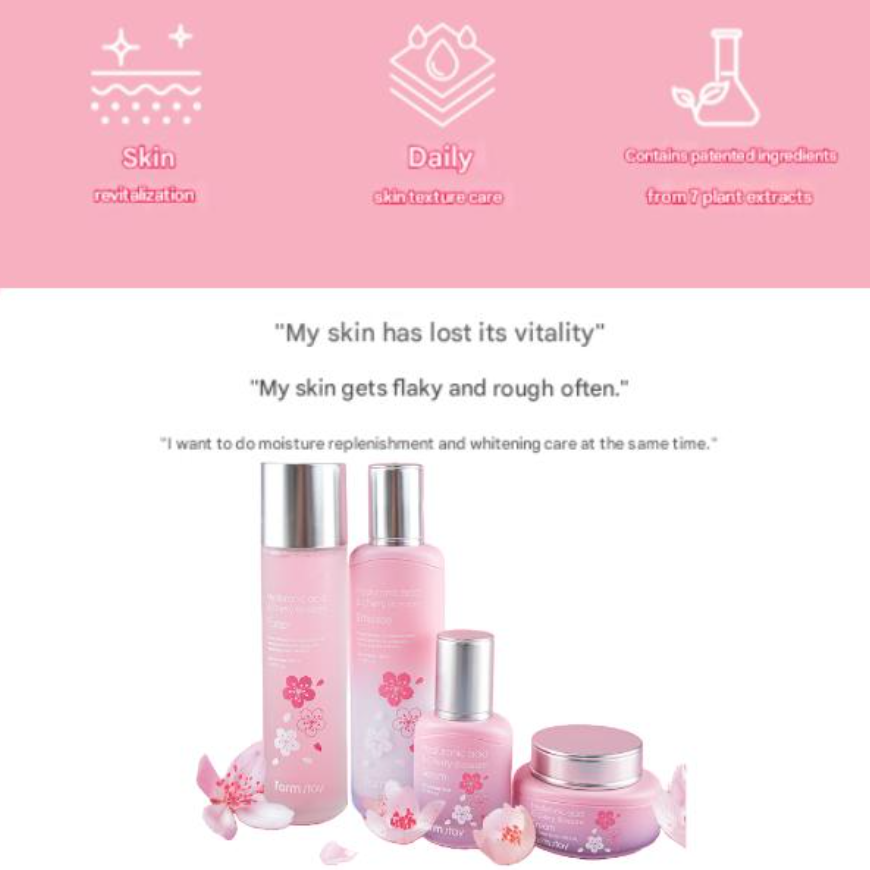FarmStay Hyaluronic Acid & Cherry Blossom Toner 150ml, Emulsion 120ml, Serum 35ml, Cream 55ml (15 Options)