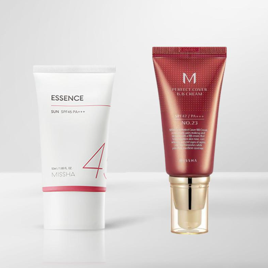MISSHA All Around Safe Block Essence Sunscreen SPF45+/PA+++ with Missha Perfect Cover BB Cream (6 Options)