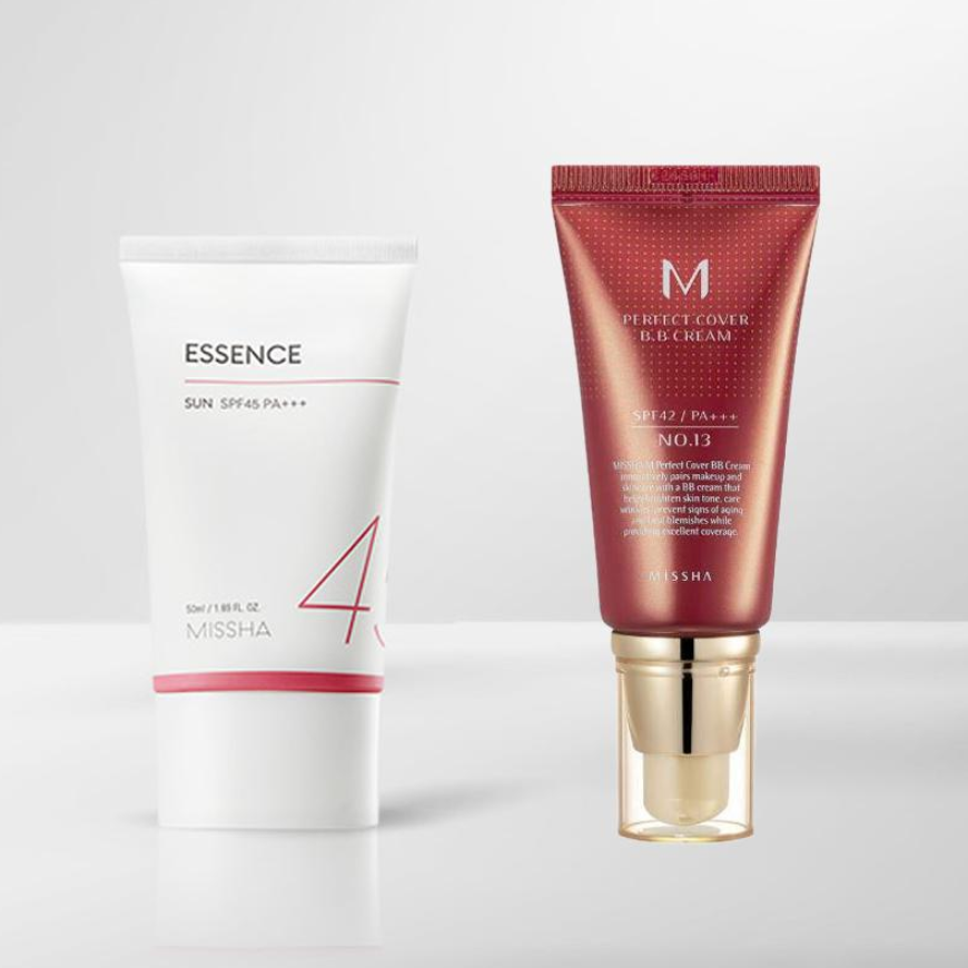 MISSHA All Around Safe Block Essence Sunscreen SPF45+/PA+++ with Missha Perfect Cover BB Cream (6 Options)