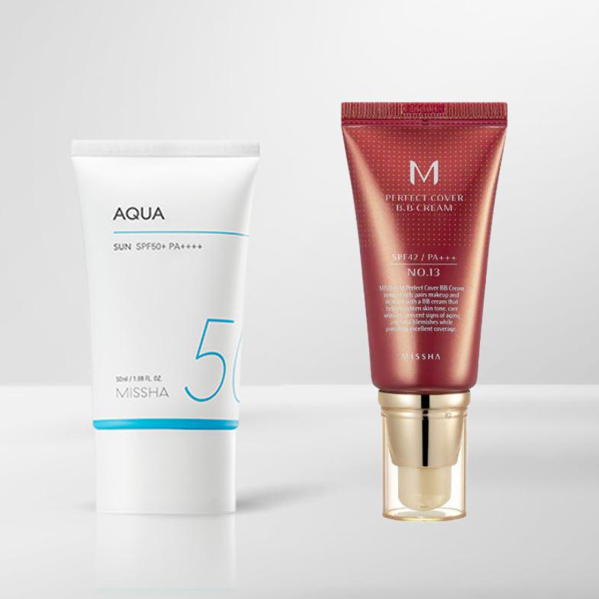 MISSHA All Around Safe Block Aqua Sunscreen SPF50+/PA++++ with Missha Perfect Cover BB Cream (6 Options)