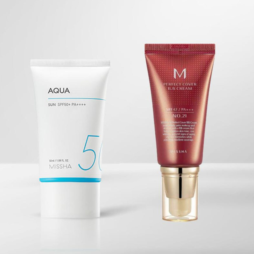 MISSHA All Around Safe Block Aqua Sunscreen SPF50+/PA++++ with Missha Perfect Cover BB Cream (6 Options)