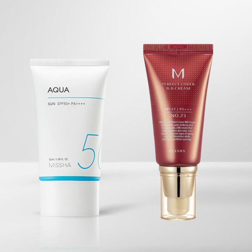 MISSHA All Around Safe Block Aqua Sunscreen SPF50+/PA++++ with Missha Perfect Cover BB Cream (6 Options)