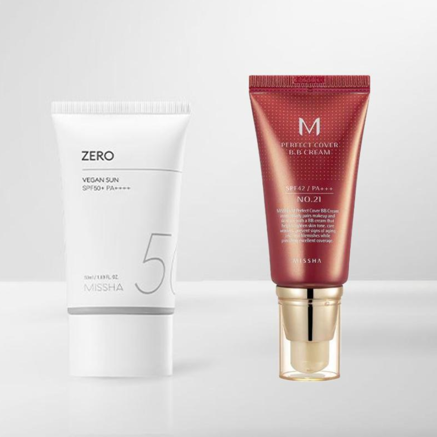 MISSHA All Around Safe Block Zero Vegan Sunscreen SPF50+PA+++ with Missha Perfect Cover BB Cream (6 Options)