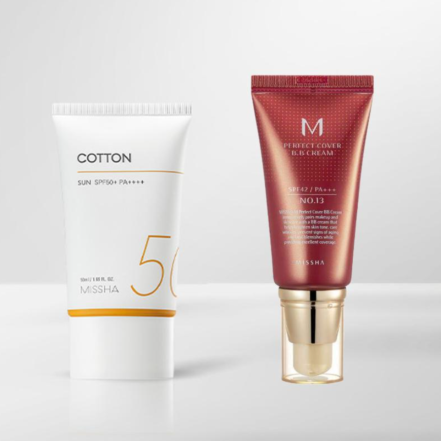 MISSHA All Around Safe Block Cotton Sunscreen SPF50+/PA++++ with Missha Perfect Cover BB Cream (6 Options)