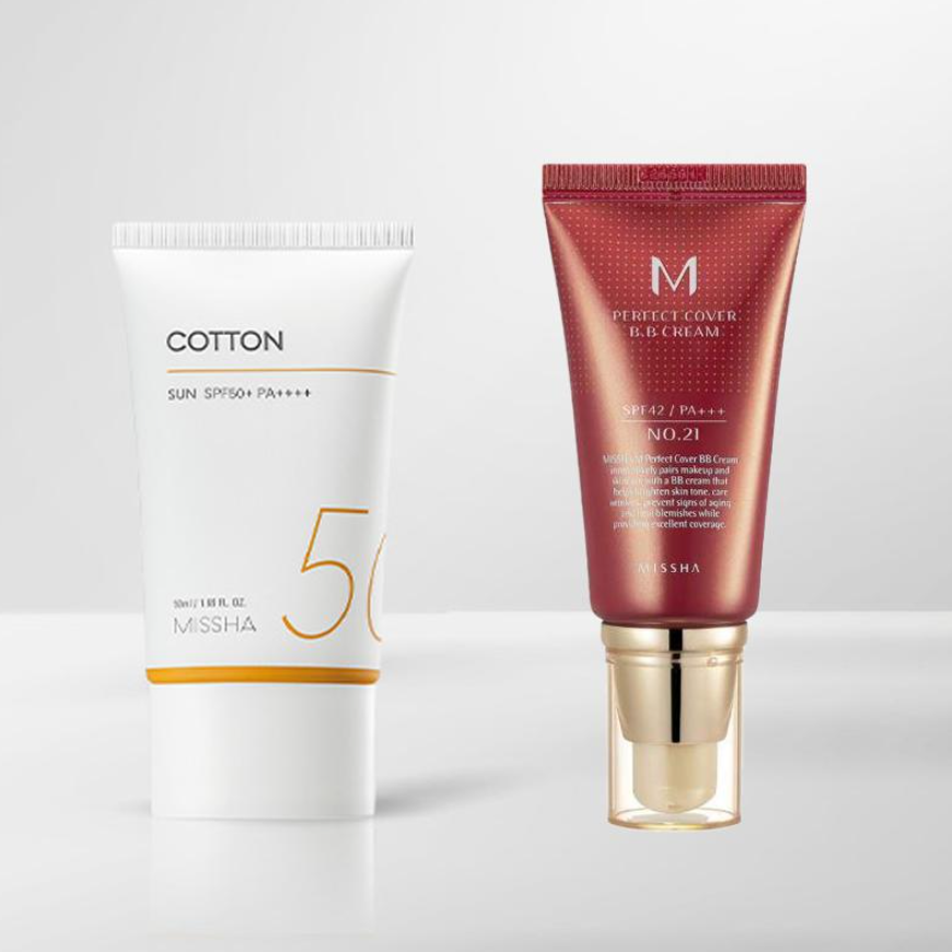 MISSHA All Around Safe Block Cotton Sunscreen SPF50+/PA++++ with Missha Perfect Cover BB Cream (6 Options)