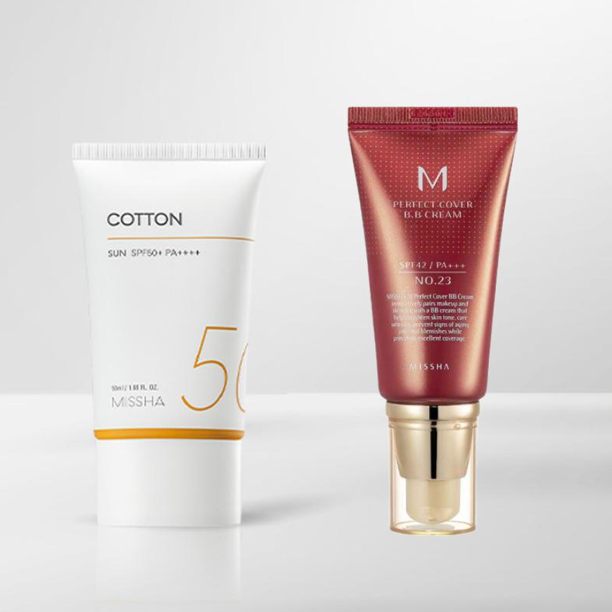 MISSHA All Around Safe Block Cotton Sunscreen SPF50+/PA++++ with Missha Perfect Cover BB Cream (6 Options)