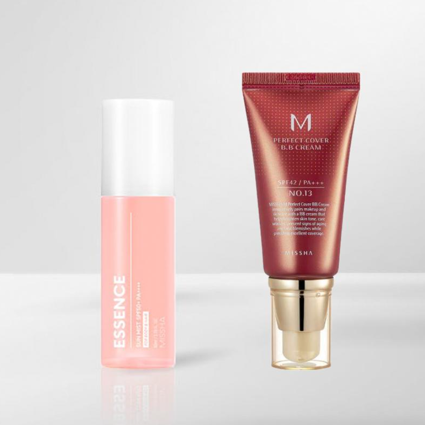 MISSHA All Around Safe Block Essence Sun Mist 80mL SPF50+PA+++ with Missha Perfect Cover BB Cream (5 Options)