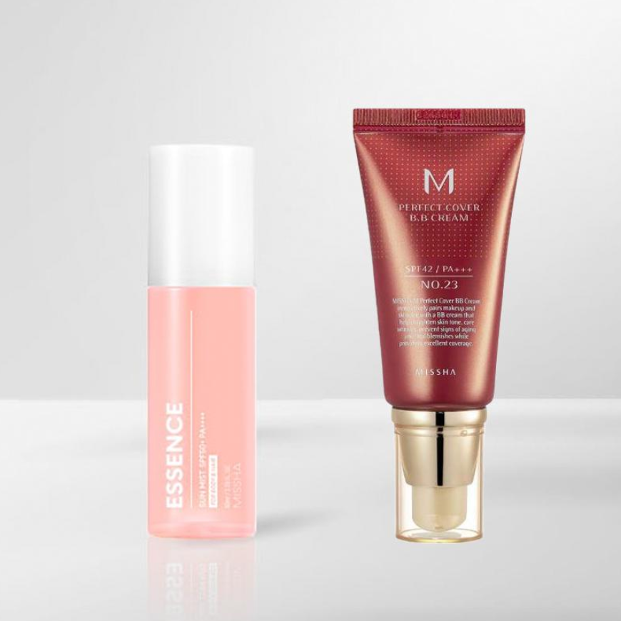 MISSHA All Around Safe Block Essence Sun Mist 80mL SPF50+PA+++ with Missha Perfect Cover BB Cream (5 Options)