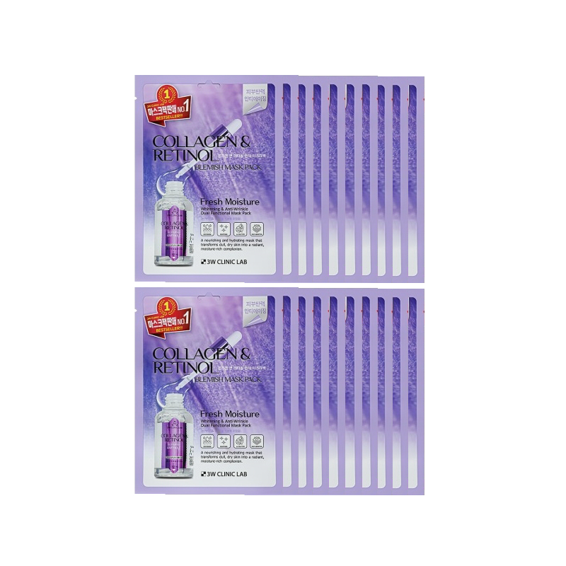 3W CLINIC Sheet Mask Pack ( PDRN, Whitening, CICA & Hyaluronic, EGF 100 Exosome, Collagen & Retinol) (16 Options)