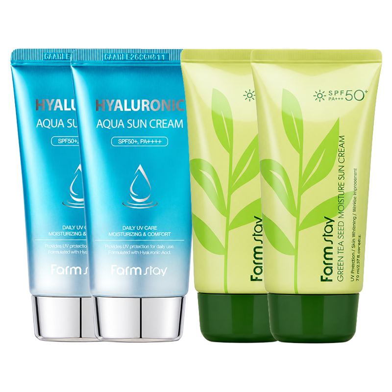 FARM STAY Green Tea Seed Moisture Sun Cream 70g & Hyaluronic Aqua Sun Cream SPF50+ PA++++ 70g  SET (3 Options)