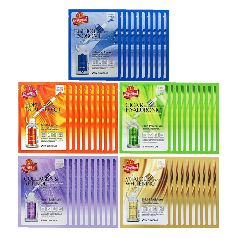 3W CLINIC Sheet Mask Pack ( PDRN, Whitening, CICA & Hyaluronic, EGF 100 Exosome, Collagen & Retinol) (16 Options)