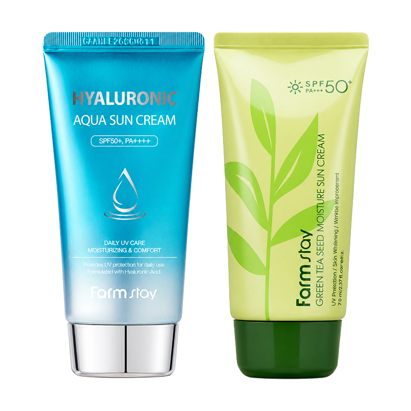 FARM STAY Green Tea Seed Moisture Sun Cream 70g & Hyaluronic Aqua Sun Cream SPF50+ PA++++ 70g  SET (3 Options)
